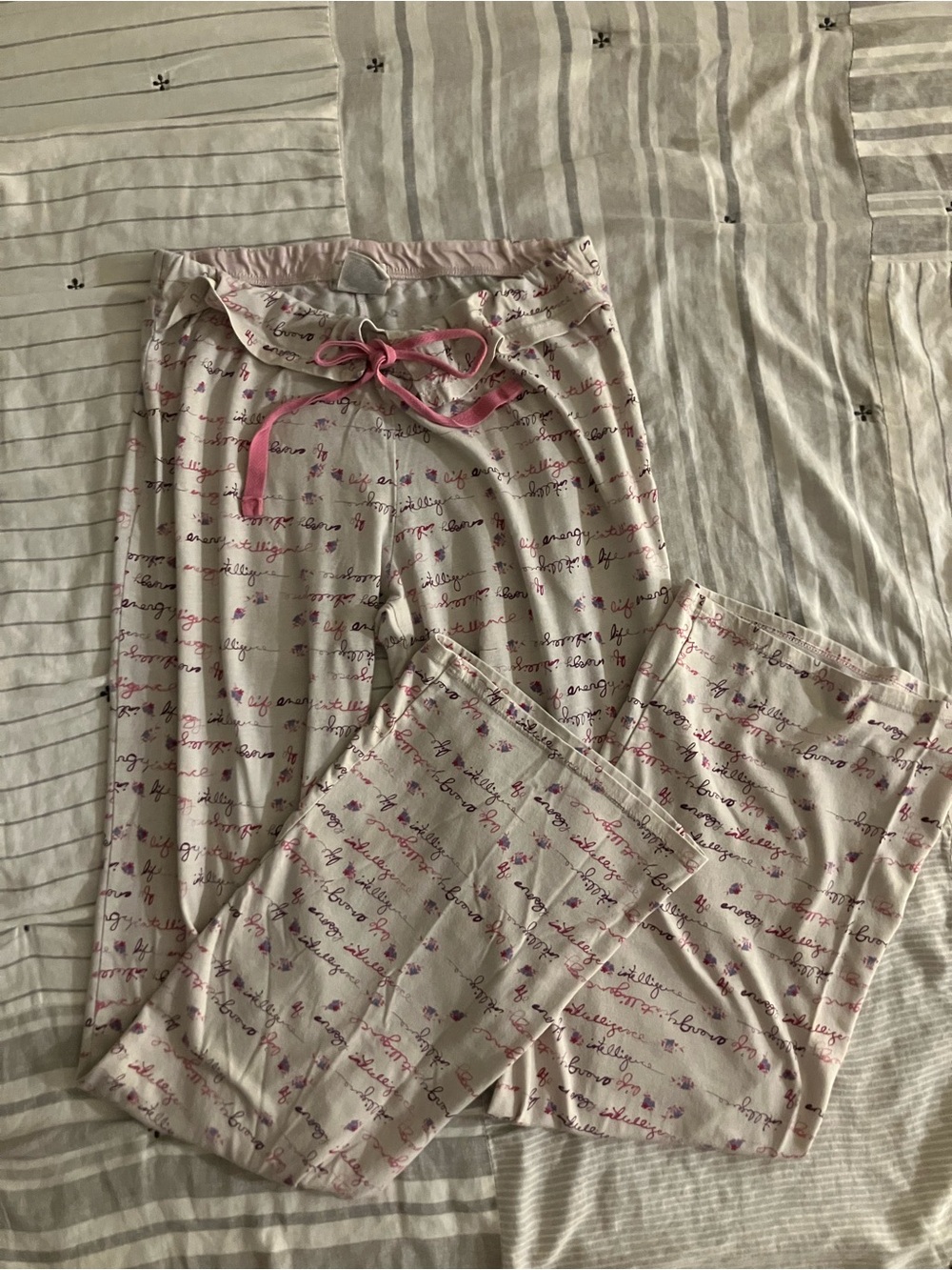 lei Cream Pajama Pants with Pink Script and Pink Drawstring